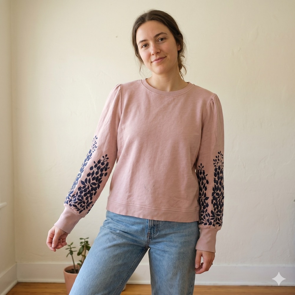 Boden Top Womens 14 Pink Embroidered Puff Sleeve Cotton Sweatshirt Cottagecore